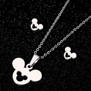 18K White Gold (Rhodium) Plated Disney Mickey Mouse Head Necklace & Earrings Set